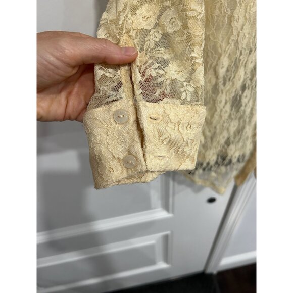 Belle Du Jour Sheer Butter Yellow Lace Button-Down Blouse Womens Sz Small - Picture 4 of 10
